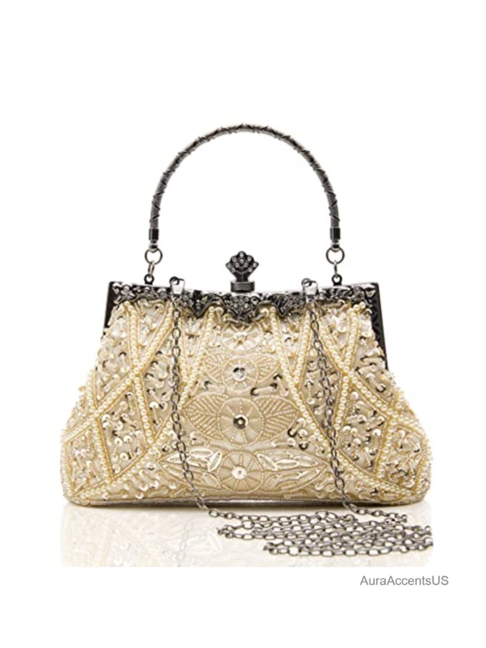 Vintage Sequin Beaded Clutch Evening Bag with Detachable Chain